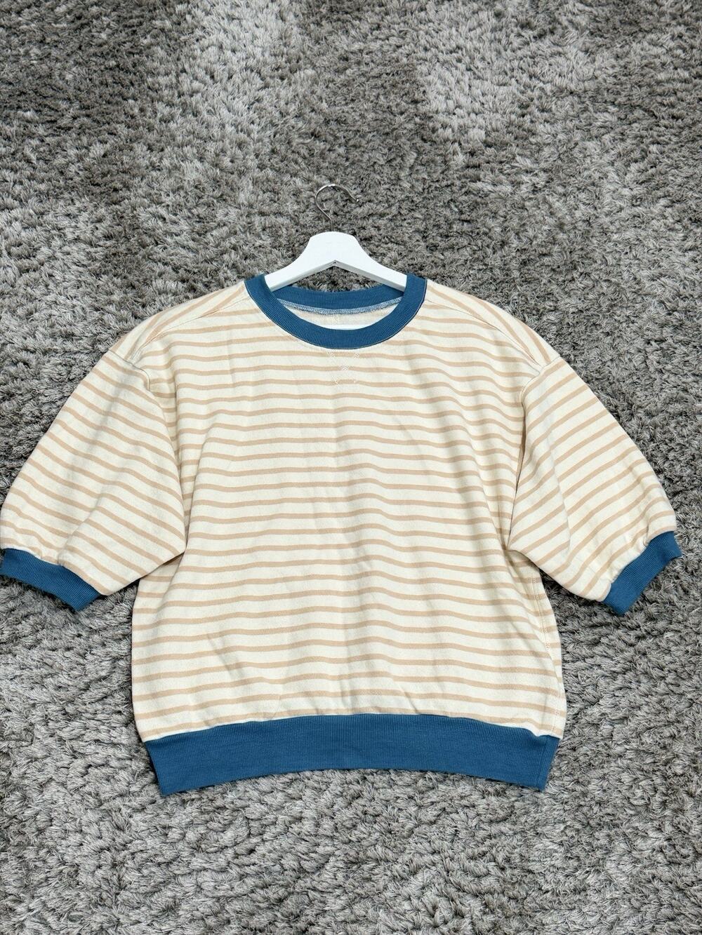 Pilcro Anthropologie Striped Short Sleeve Sweatshirt Beige Blue Relaxed Size S